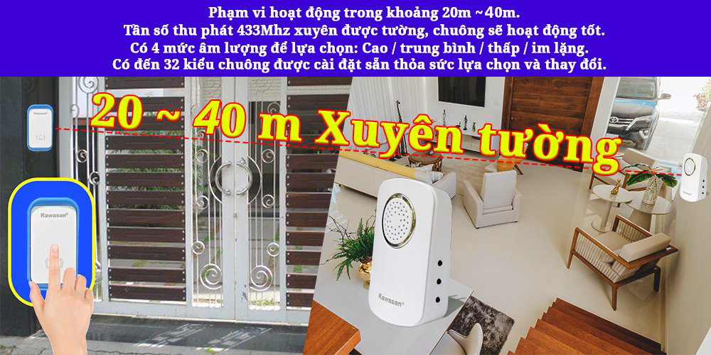 Chuông cửa DB668D khoảng cách hoạt động 20-40m tuỳ vật cản