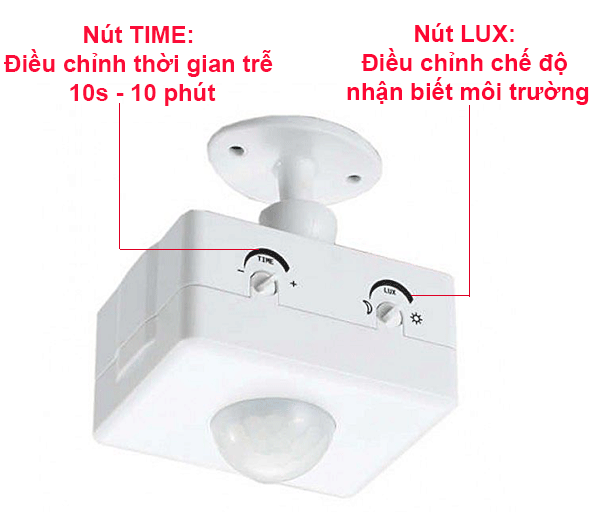 Công tắc cảm biến chuyển động có 2 nút chỉnh Lux và Times tiện lợi