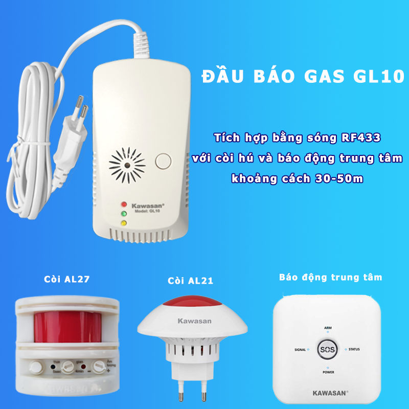 Có thể tích hợp qua sóng RF433Mhz với còi hú hoặc bộ trung tâm khoảng cách <50m