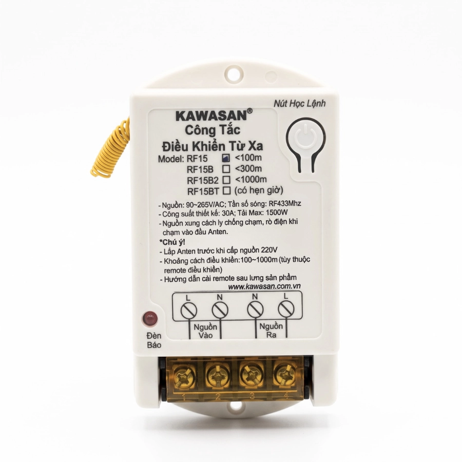 Mặt trước công tắc KAWASAN RF15 với nút học lệnh, đèn báo và cầu đấu dây.