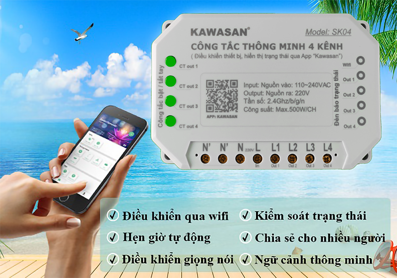 Công tắc thông minh điều khiển 4 thiết bị độc lập qua app Kawasan