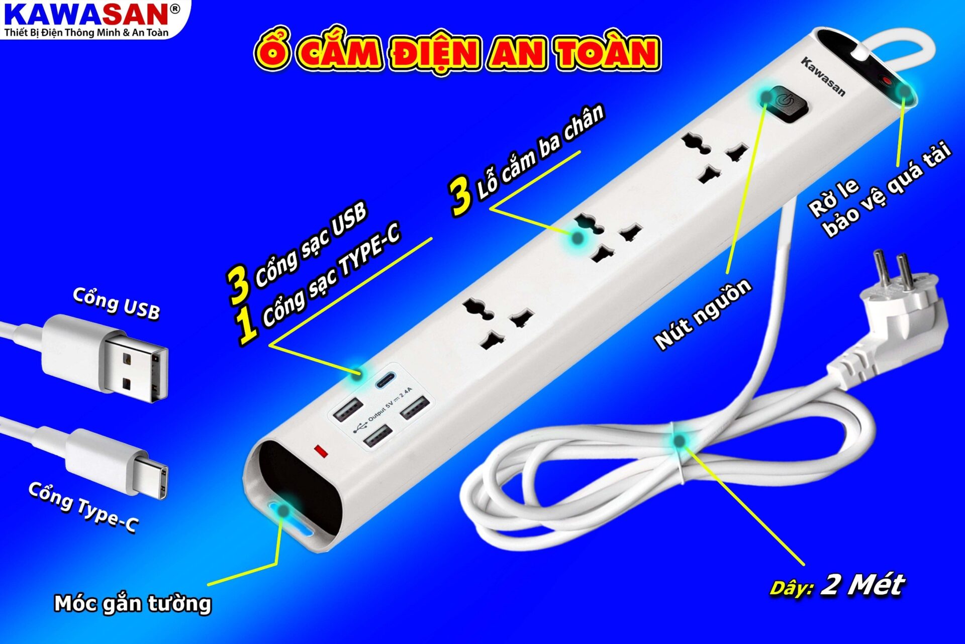 Cấu tạo chi tiết ổ cắm Kawasan có kèm cổng sạc