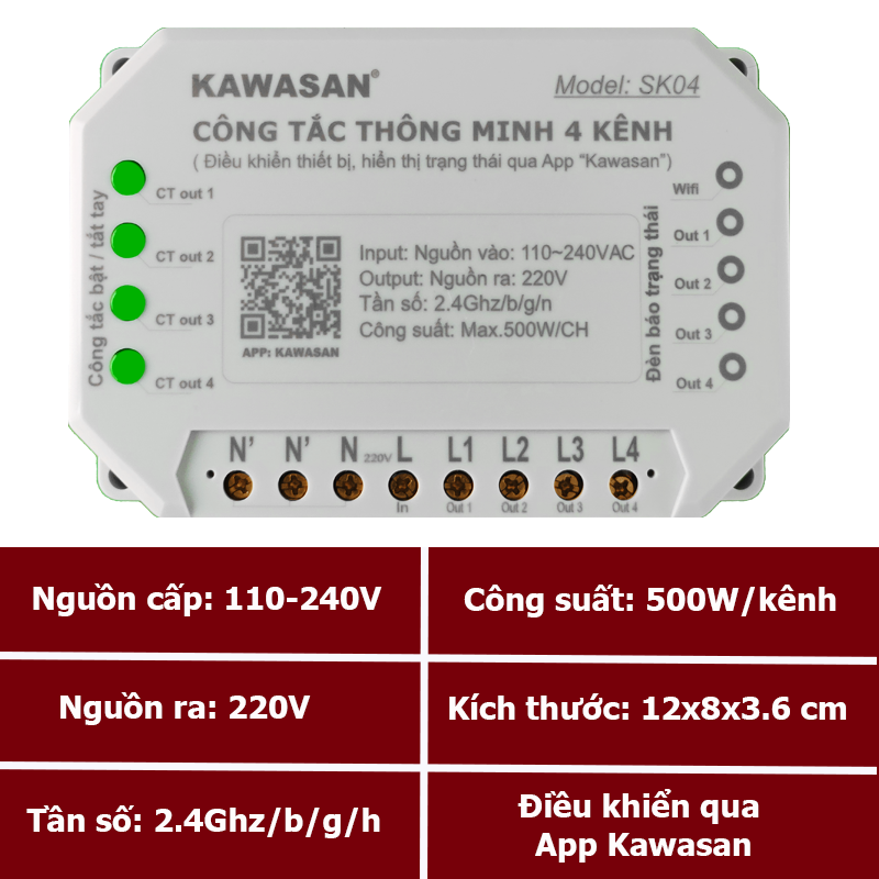 Thông số kỹ thuật của công tắc thông minh 4 kênh Kawasan