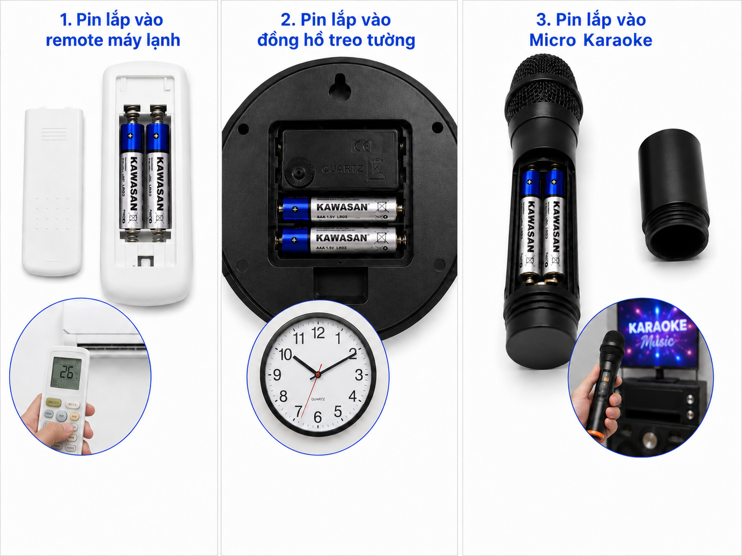 Pin lắp vào remote máy lạnh, lắp vào đồng hồ treo tường, lắp vào Micro Kawaoke