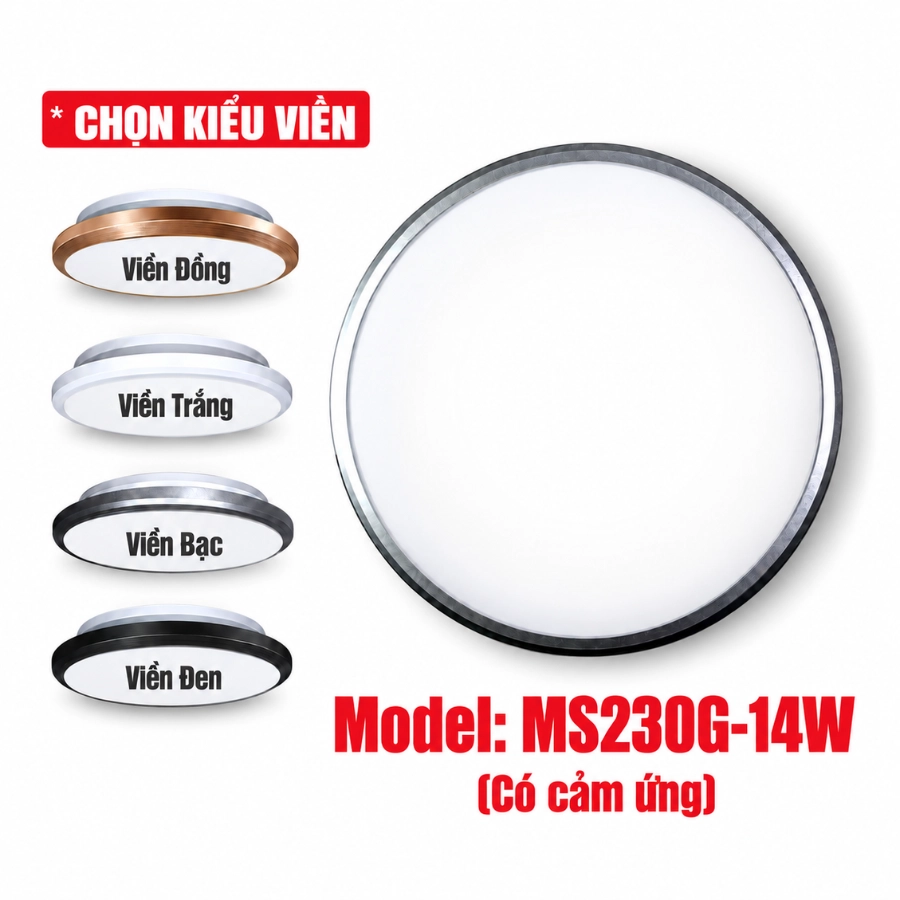 Đèn LED cảm ứng vi sóng nổi trần MS230G-14W với bốn kiểu viền đồng, trắng, bạc và đen.