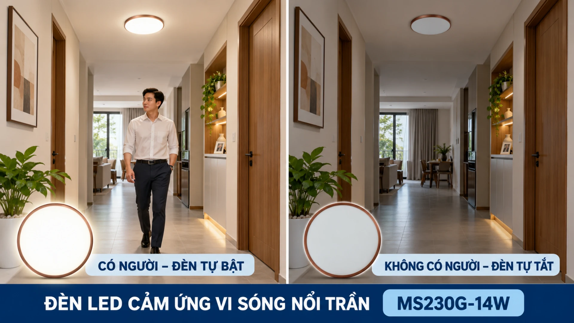 Đèn LED cảm ứng vi sóng KAWASAN MS230G-14W tự động bật tắt tại hành lang gia đình.