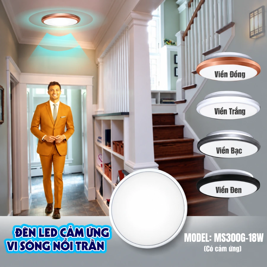 Đèn LED cảm ứng vi sóng nổi trần KAWASAN MS300G-18W ứng dụng chiếu sáng hành lang cầu thang.