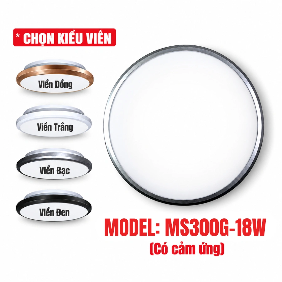 Đèn LED cảm ứng vi sóng nổi trần KAWASAN MS300G-18W với bốn lựa chọn màu viền.