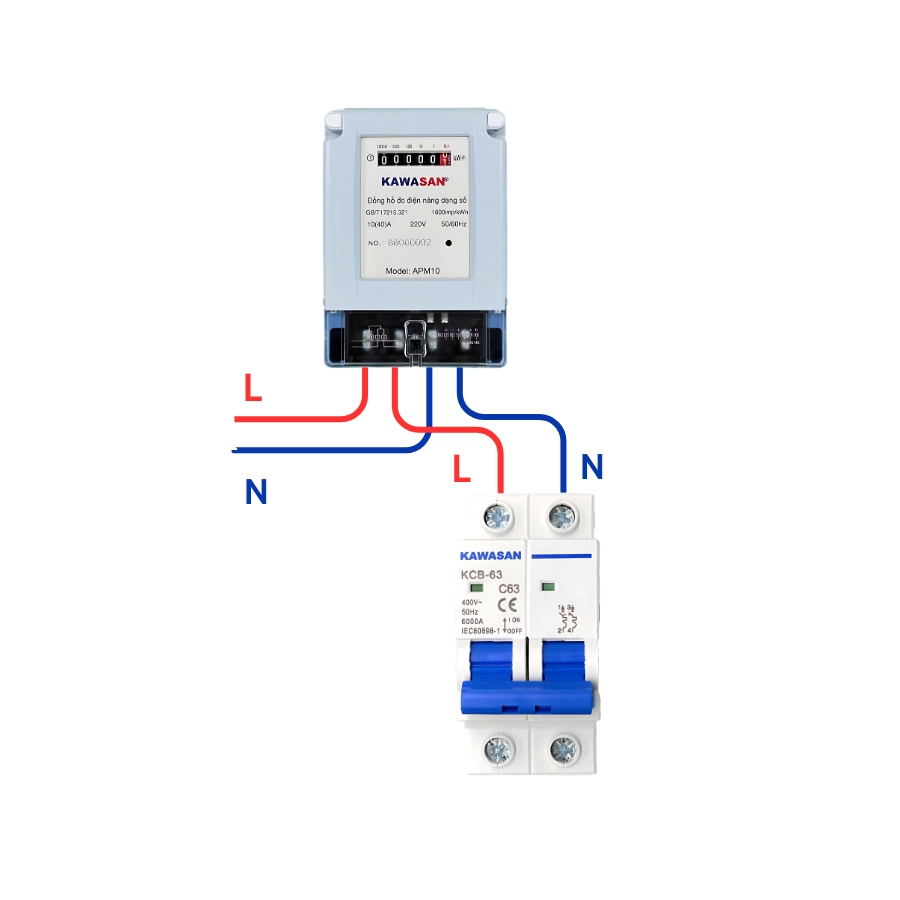 Đồng hồ đo điện năng 1 pha APM10 Kawasan kết nối với aptomat KCB-63