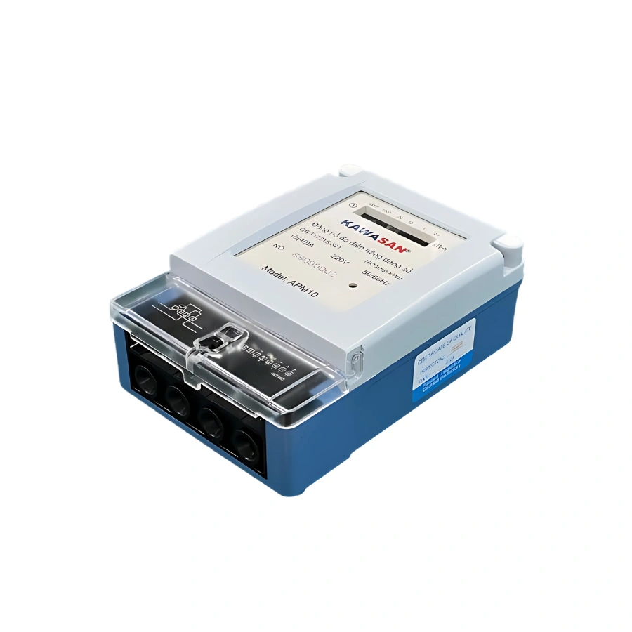 Đồng hồ đo điện năng 1 pha APM10 Kawasan chụp góc chéo, vỏ bọc chắc chắn