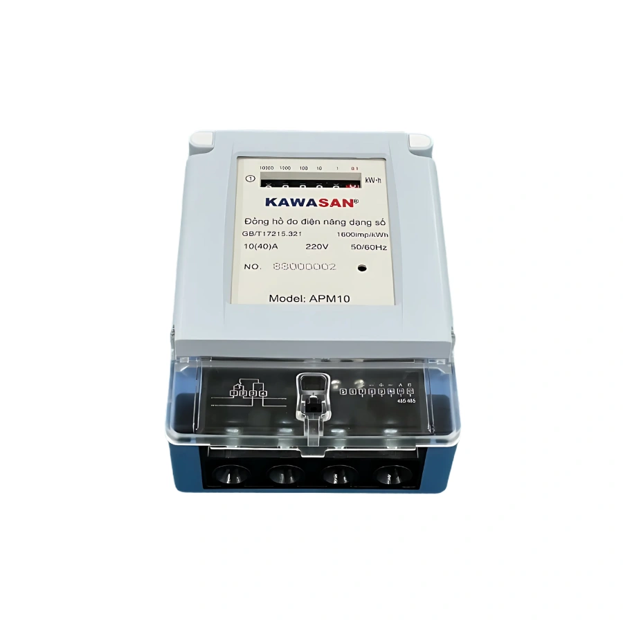 Đồng hồ đo điện năng 1 pha APM10 Kawasan, mặt trước hiển thị thông số rõ ràng