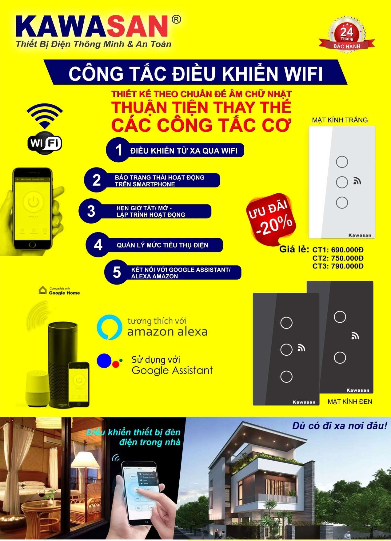 Công tắc cảm ứng chạm - điều khiển bằng wifi kawasan