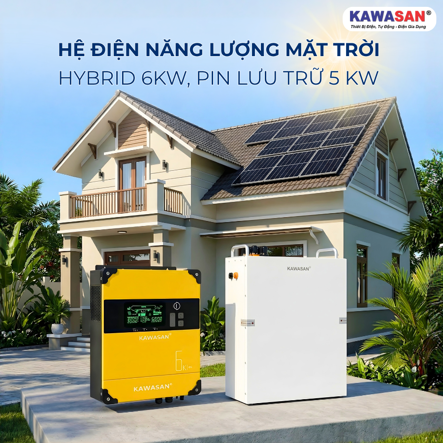 Bộ sản phẩm điện năng lượng mặt trời bao gồm tấm pin, biến tần và pin lưu trữ.