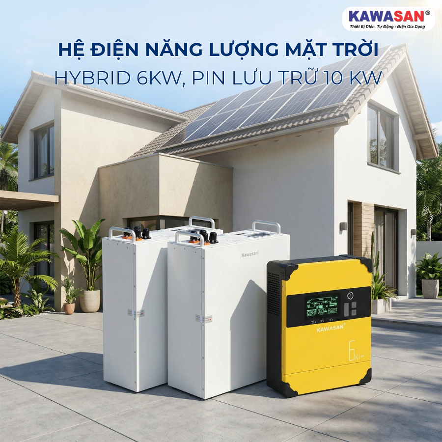 Bộ sản phẩm điện năng lượng mặt Trời Hybrid bao gồm tấm pin, biến tần và pin lưu trữ.