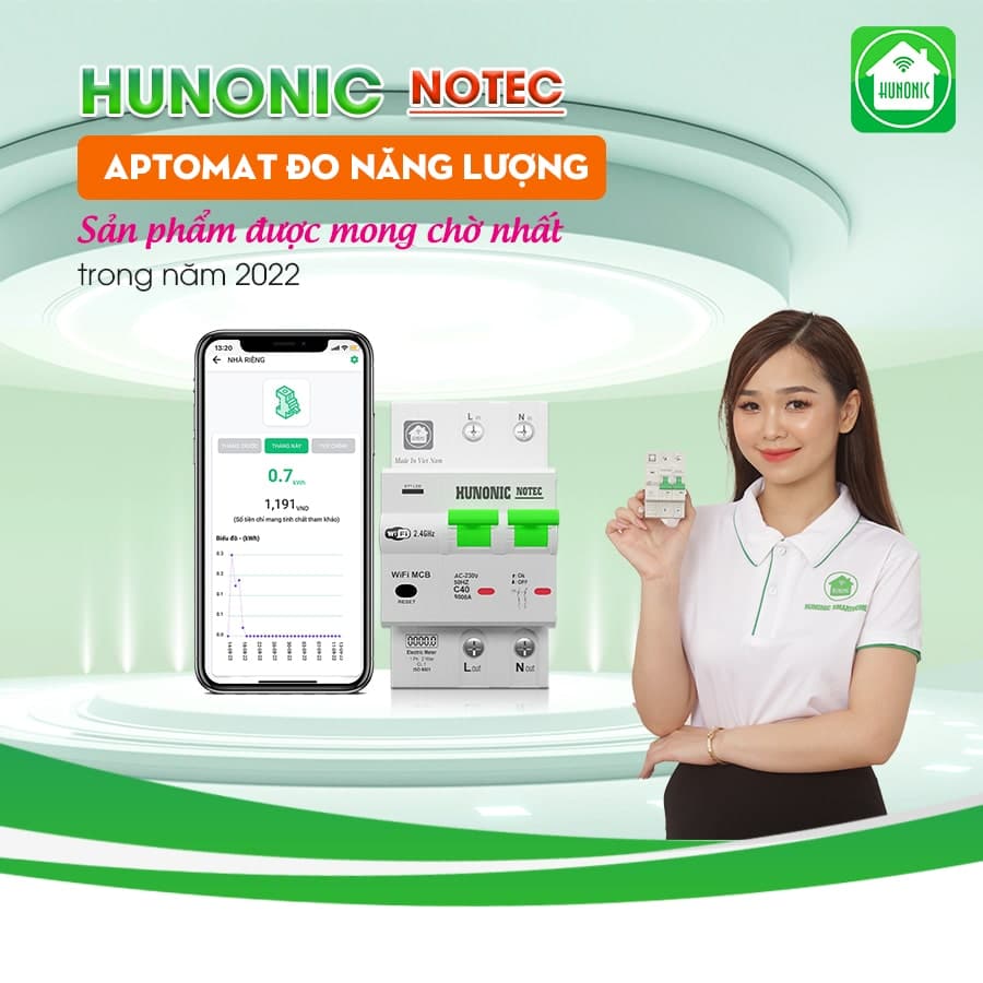 Aptomat Cầu Dao Wifi Thông Minh Đo Năng Lượng Hunonic Notec 8 atm notec dt min