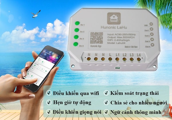 Công tắc Hunonic Lahu 4 kênh (500W/1 kênh) điều khiển từ xa 12 công tắc điện thông minh