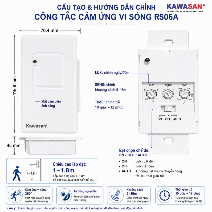 Hướng dẫn chỉnh SENS LUX TIME trên công tắc cảm ứng vi sóng RS06A