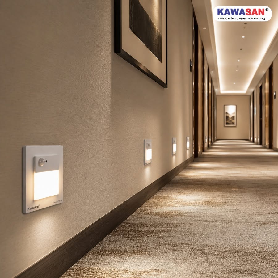 Đèn cảm ứng cầu thang âm tường SS21C lắp tại hành lang khách sạn