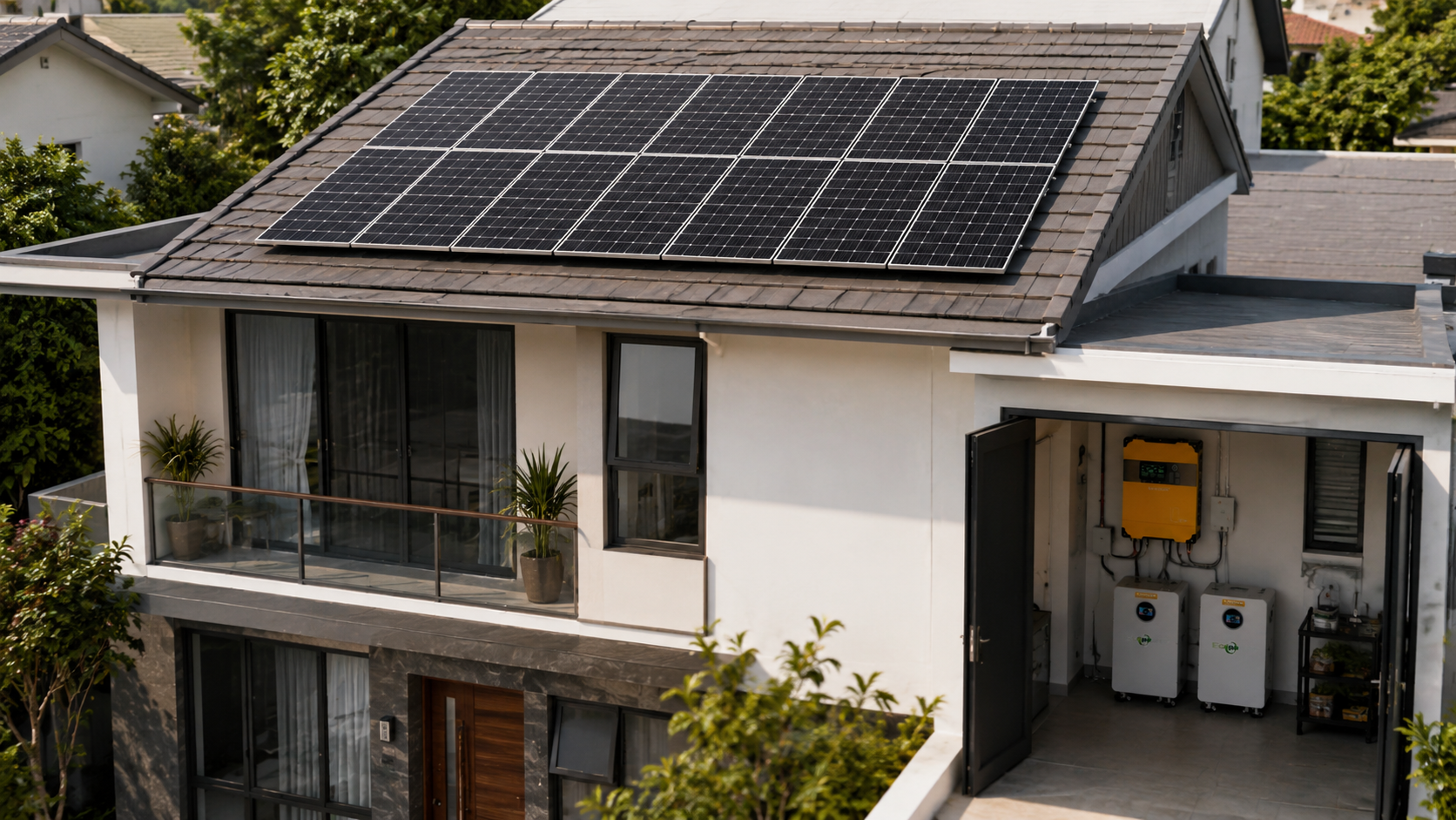 Hệ thống Hybrid 10,4kWp phù hợp cho nhà phố, biệt thự và gia đình có nhu cầu sử dụng điện lớn vào cả ban ngày lẫn buổi tối.