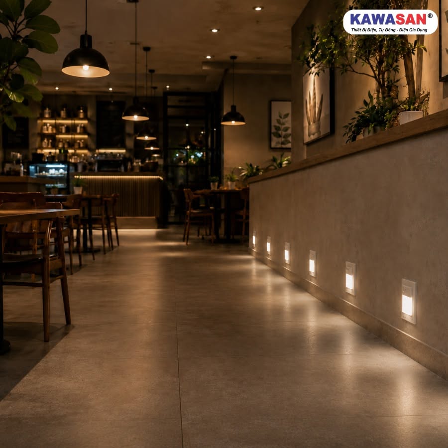 Đèn cảm ứng âm tường dẫn lối tại quán cà phê