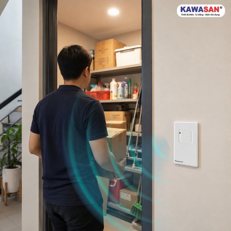 RS06A tự động phát hiện chuyển động và bật đèn khi người dùng bước vào phòng kho