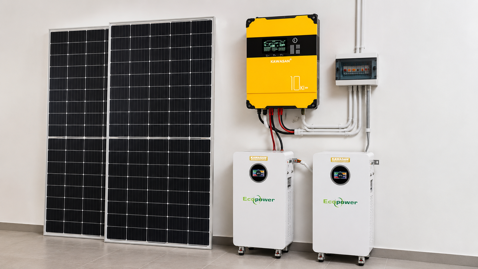 Các thiết bị chính trong hệ thống gồm tấm pin hai mặt kính, biến tần Hybrid Kawasan 10kW và hai pin Lithium Ecopower 51.2V 280Ah.