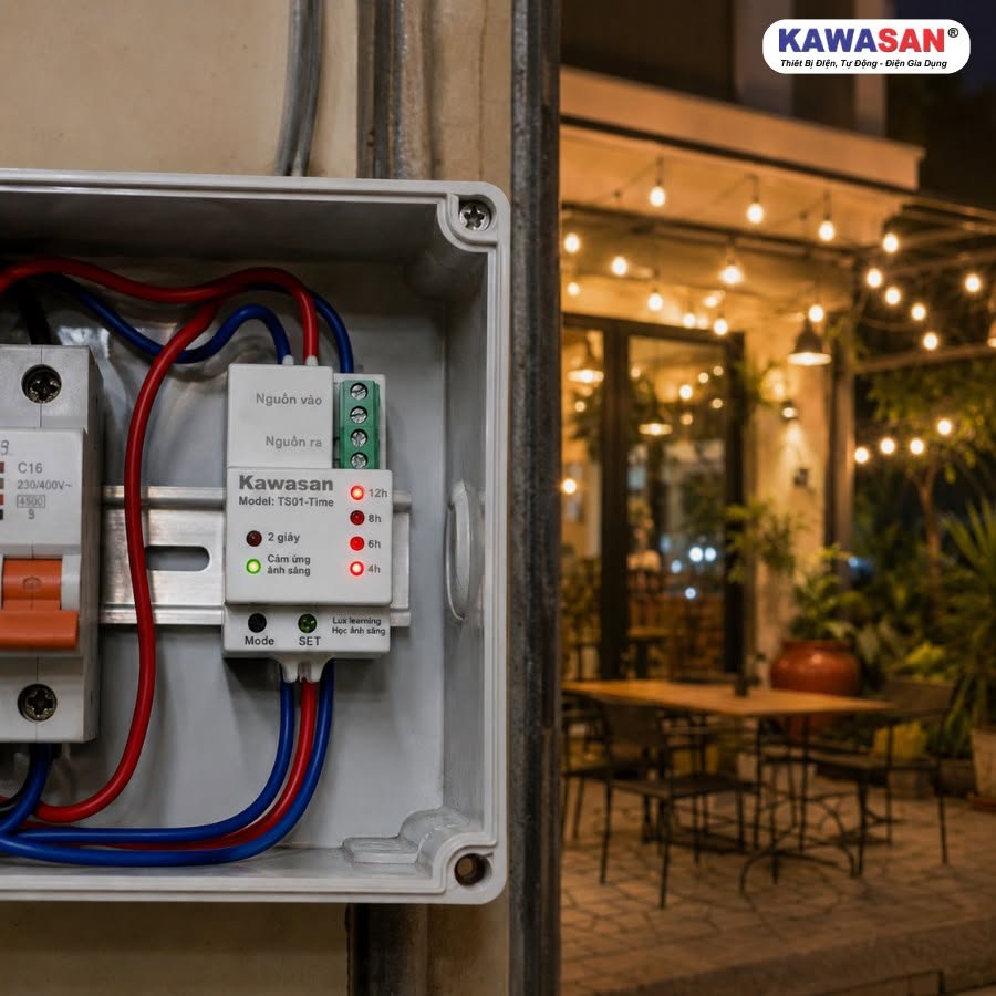 TS01-TIME lắp trong hộp điện điều khiển đèn quán cà phê
