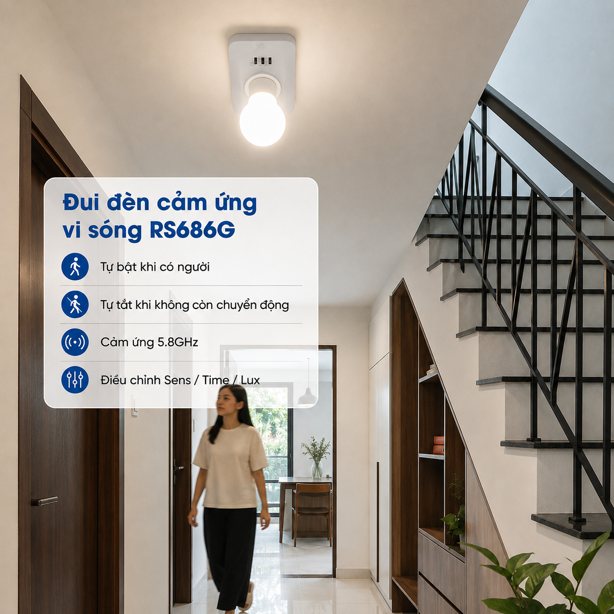 Ứng dụng thực tế đui đèn cảm ứng vi sóng RS686G tại khu vực cầu thang, hành lang