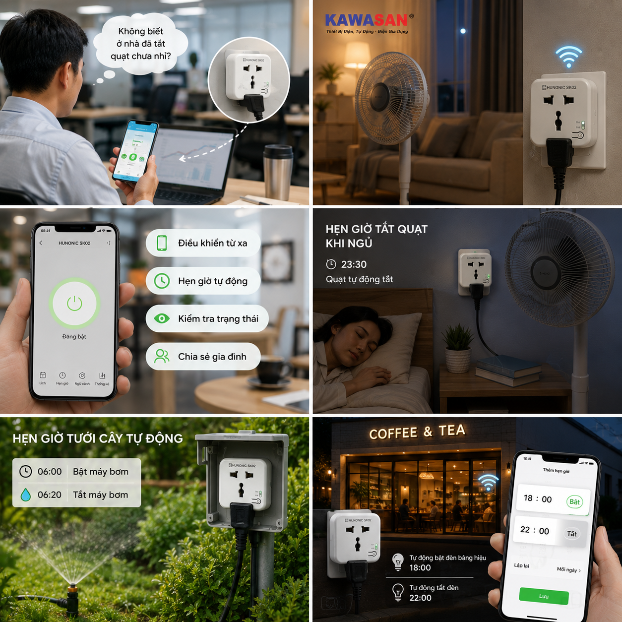 Ứng dụng thực tế của Hunonic SK02 điều khiển từ xa hẹn giờ tắt các thiết bị trong nhà