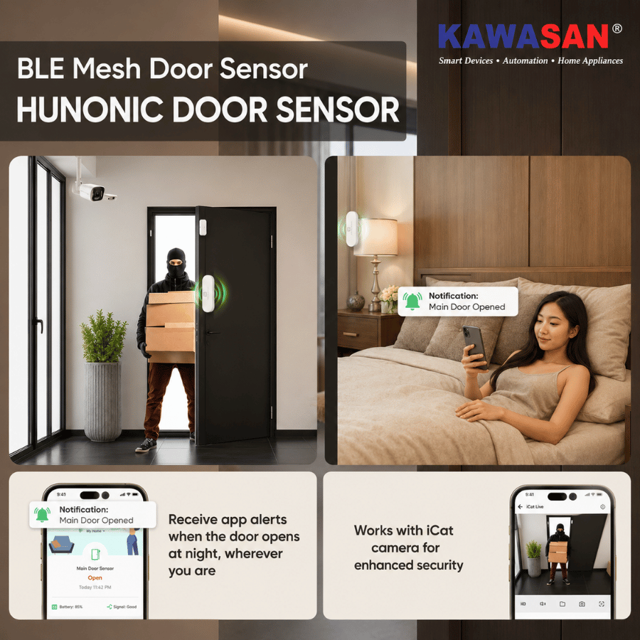 Cảm biến cửa BLE Mesh Hunonic gửi thông báo khi cửa mở và có thể kết hợp camera để tăng cường an ninh.