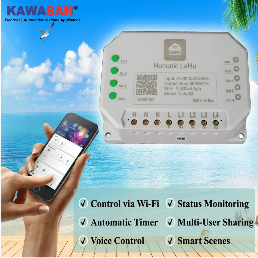 Công tắc Hunonic Lahu 4 kênh (500W/1 kênh) điều khiển từ xa 12 công tắc điện thông minh