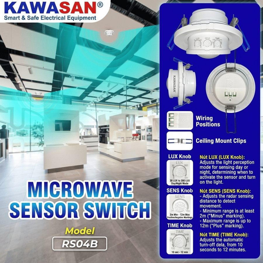 Công tắc cảm biến có 3 nút tuỳ chỉnh: SENS, LUX, TIME