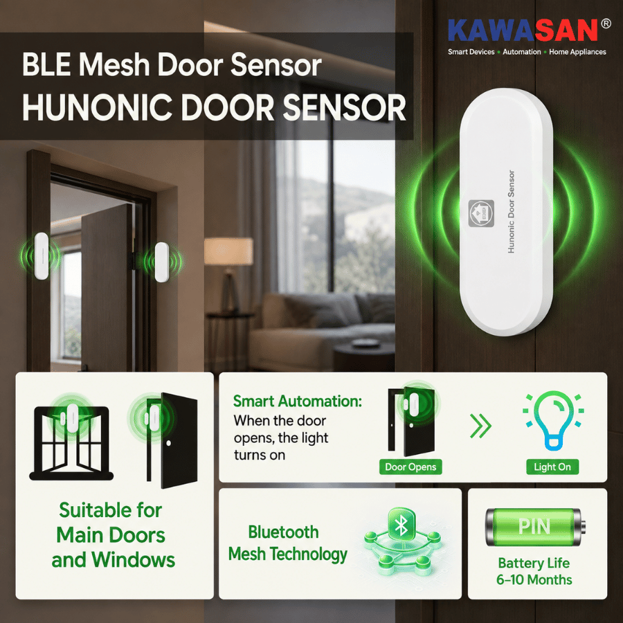 Hunonic Door Sensor sử dụng cho cửa chính, cửa sổ và hỗ trợ ngữ cảnh tự động bật đèn khi mở cửa