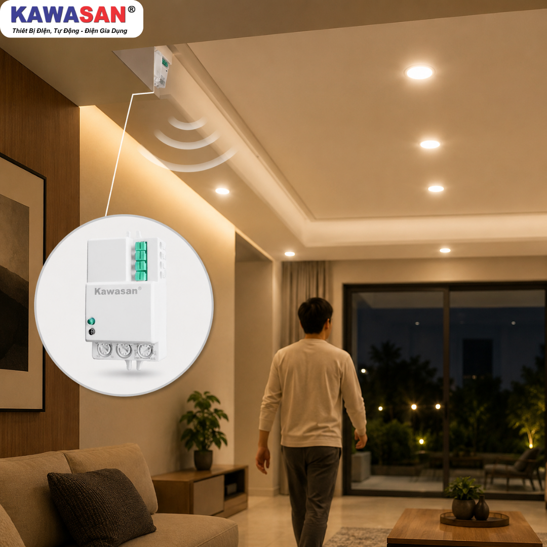 Công tắc cảm biến RS02D lắp giấu âm trần thạch cao phòng khách tự động bật sáng đèn