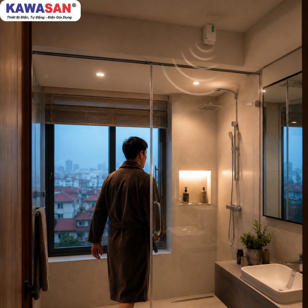 Công tắc cảm biến RS02D nhận diện chuyển động xuyên vách kính phòng tắm hiện đại