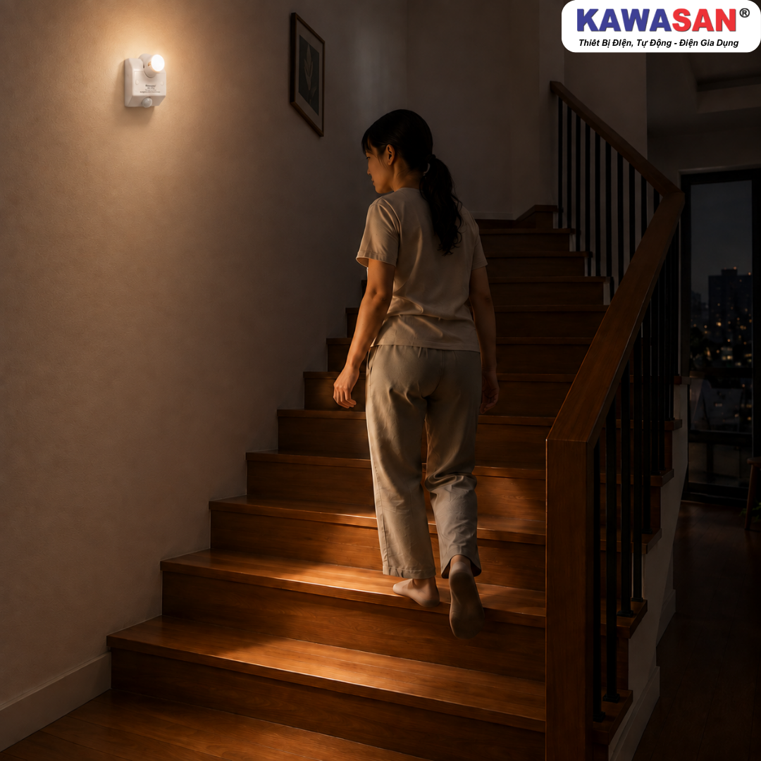 Đui đèn cảm ứng SS682B lắp tại lối đi cầu thang tự động bật sáng khi có người bước lên