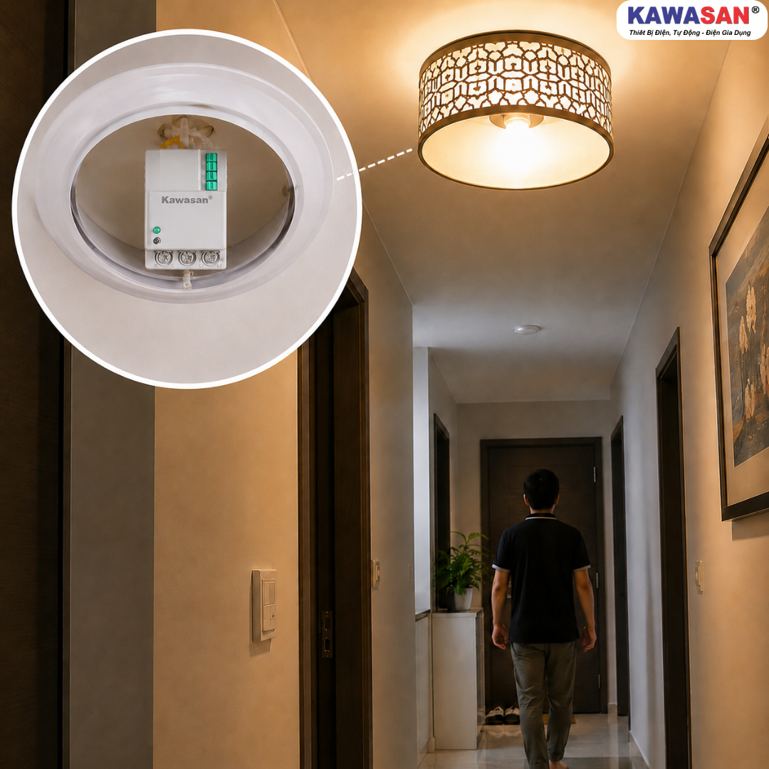 Cảm biến radar vi sóng RS02D lắp giấu kín trong chao đèn hành lang căn hộ