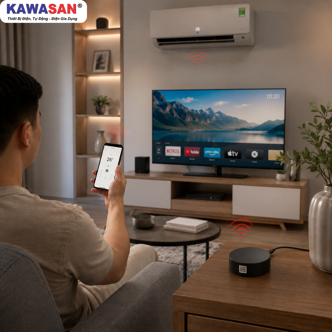 Người dùng điều khiển TV và điều hòa trong phòng khách thông qua IR Smartpro1 và App Kawasan