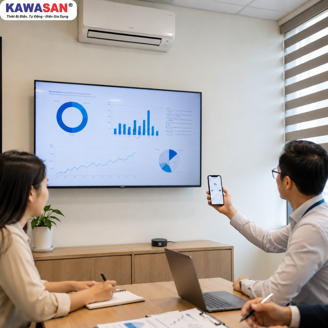 Ứng dụng trong văn phòng điều khiển điều hòa và màn hình hiển thị bằng smartphone