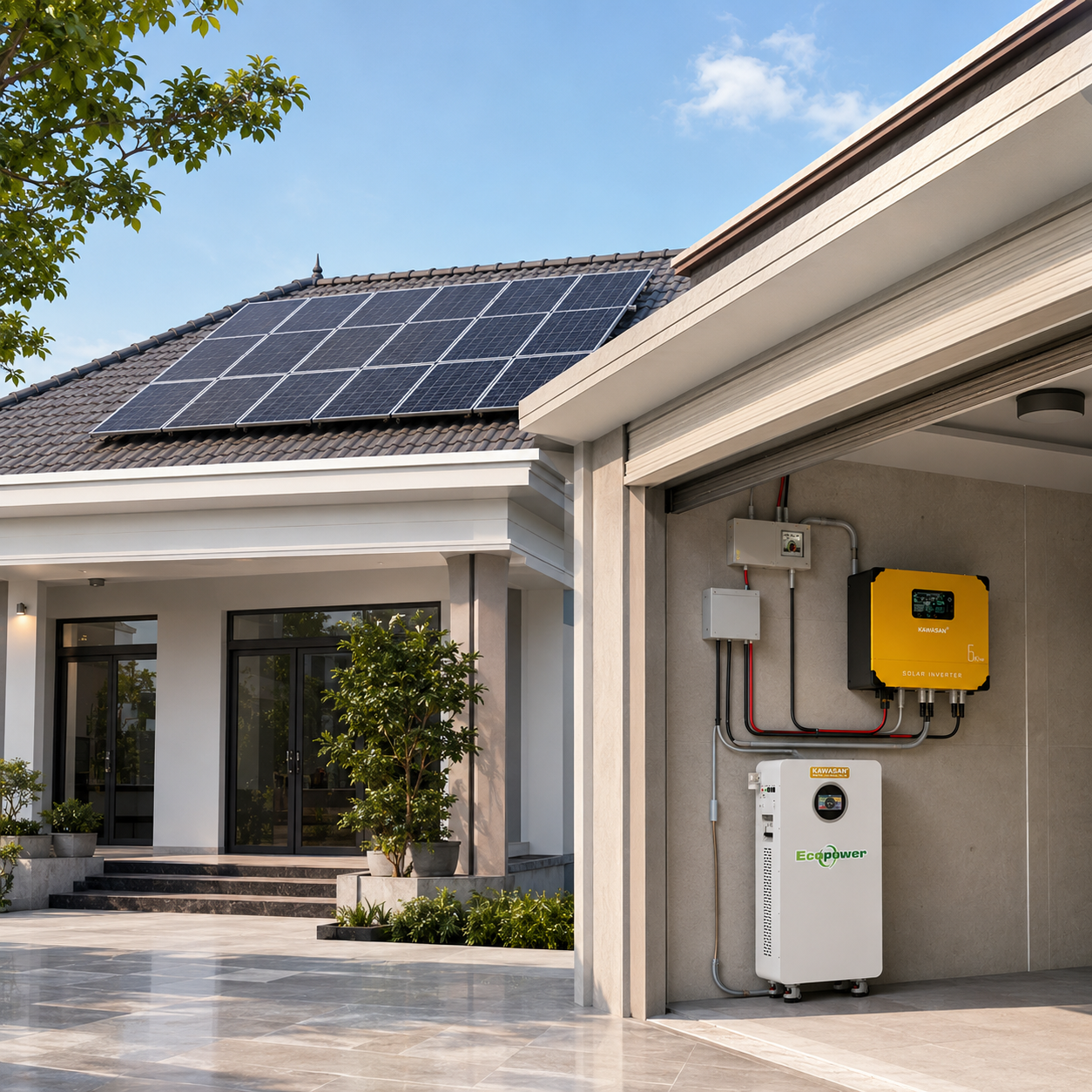 Khu vực lắp đặt biến tần Hybrid 6kW và pin Lithium lưu trữ
