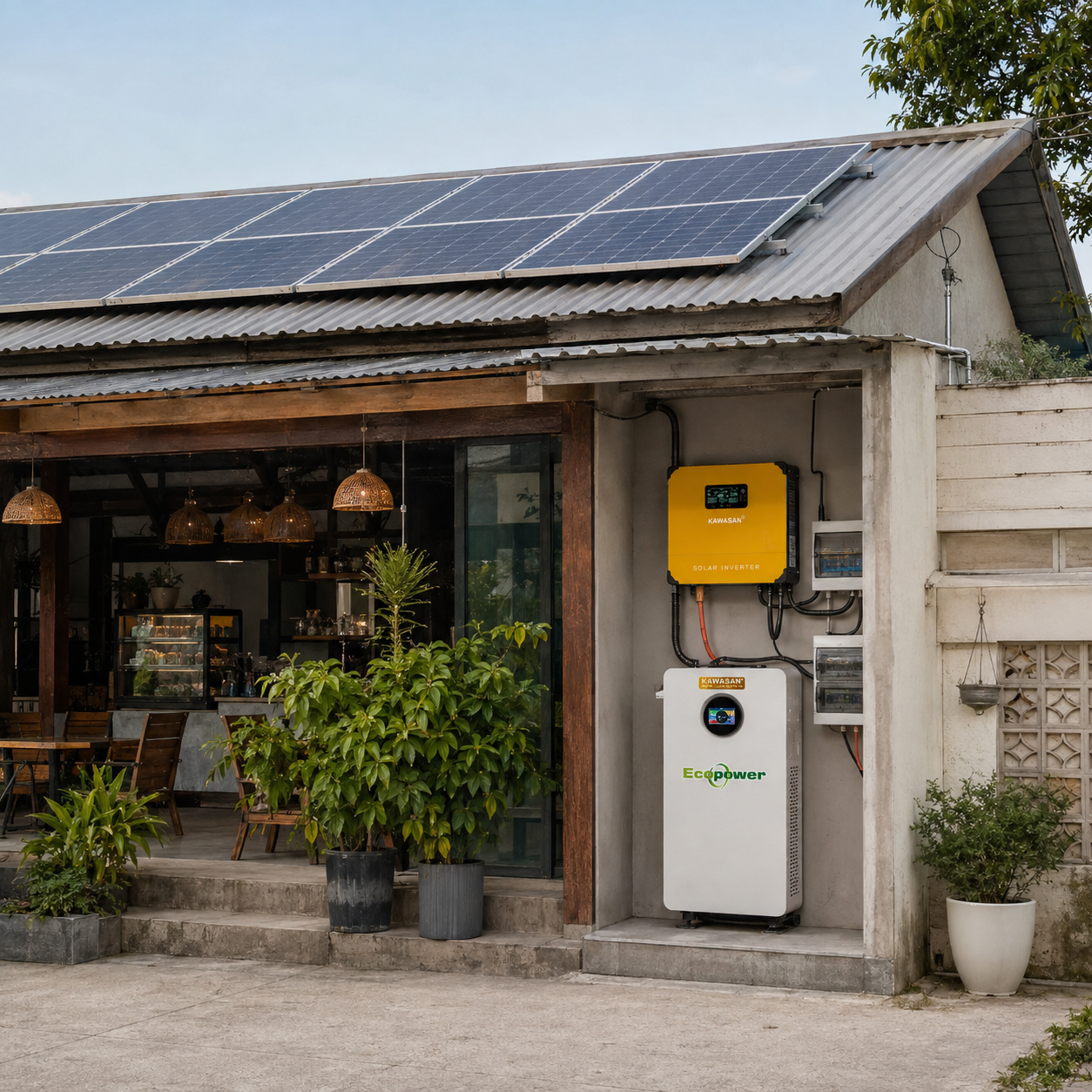 Hệ điện mặt trời Hybrid lắp đặt với cửa hàng hoặc mô hình kinh doanh nhỏ 