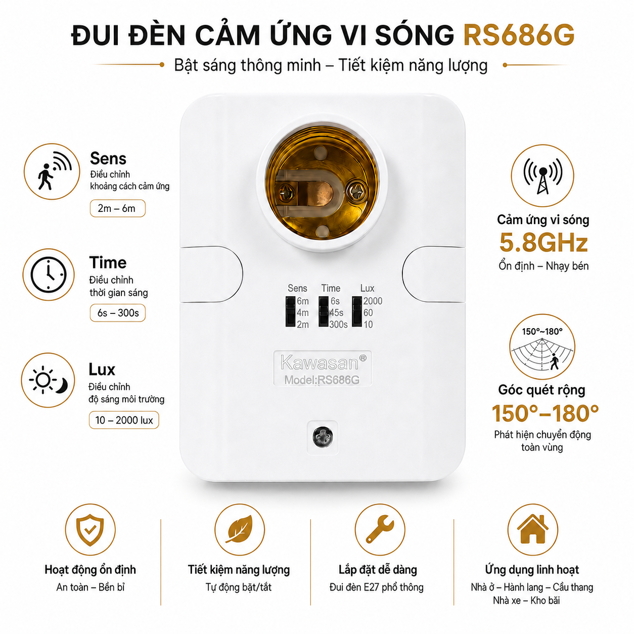 RS686G cho phép điều chỉnh 3 thông số Sens, Time và Lux để phù hợp với từng khu vực sử dụng thực tế.