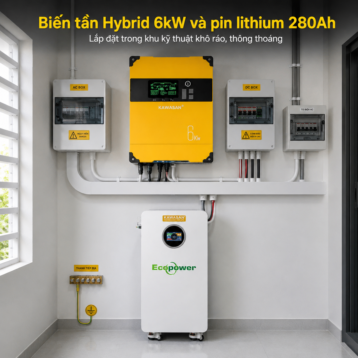 Biến tần Hybrid Kawasan 6kW và pin Lithium Ecopower 280Ah lắp trong khu kỹ thuật