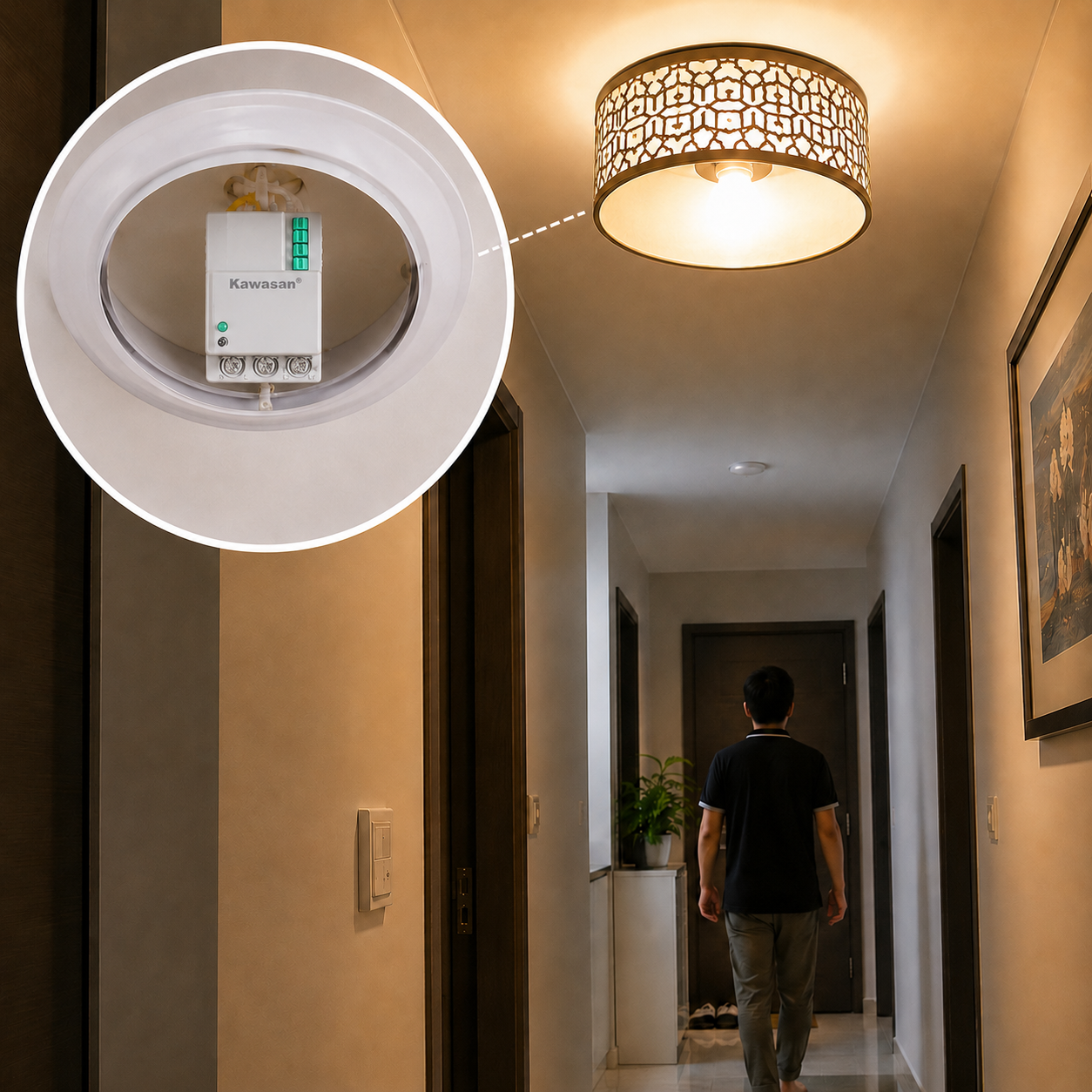 Cảm biến vi sóng radar Kawasan RS02D lắp giấu kín trong chao đèn hành lang căn hộ