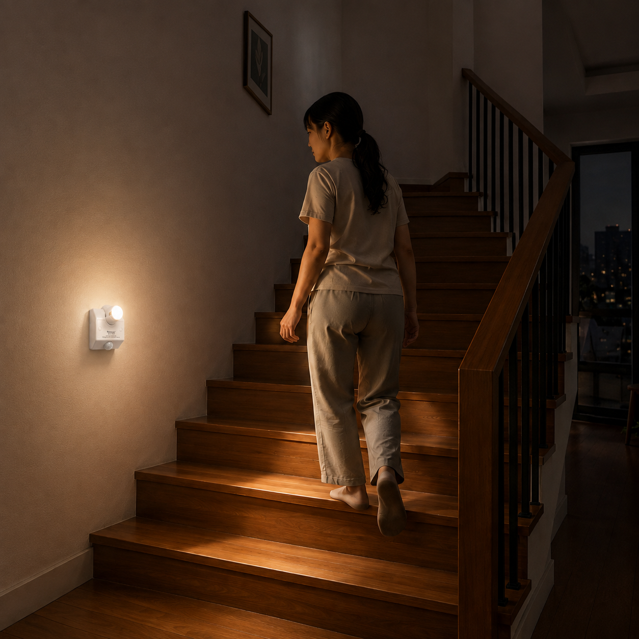 Đui đèn cảm ứng kawasan SS682B lắp tại lối đi cầu thang biệt thự tự động bật sáng khi có người bước lên.