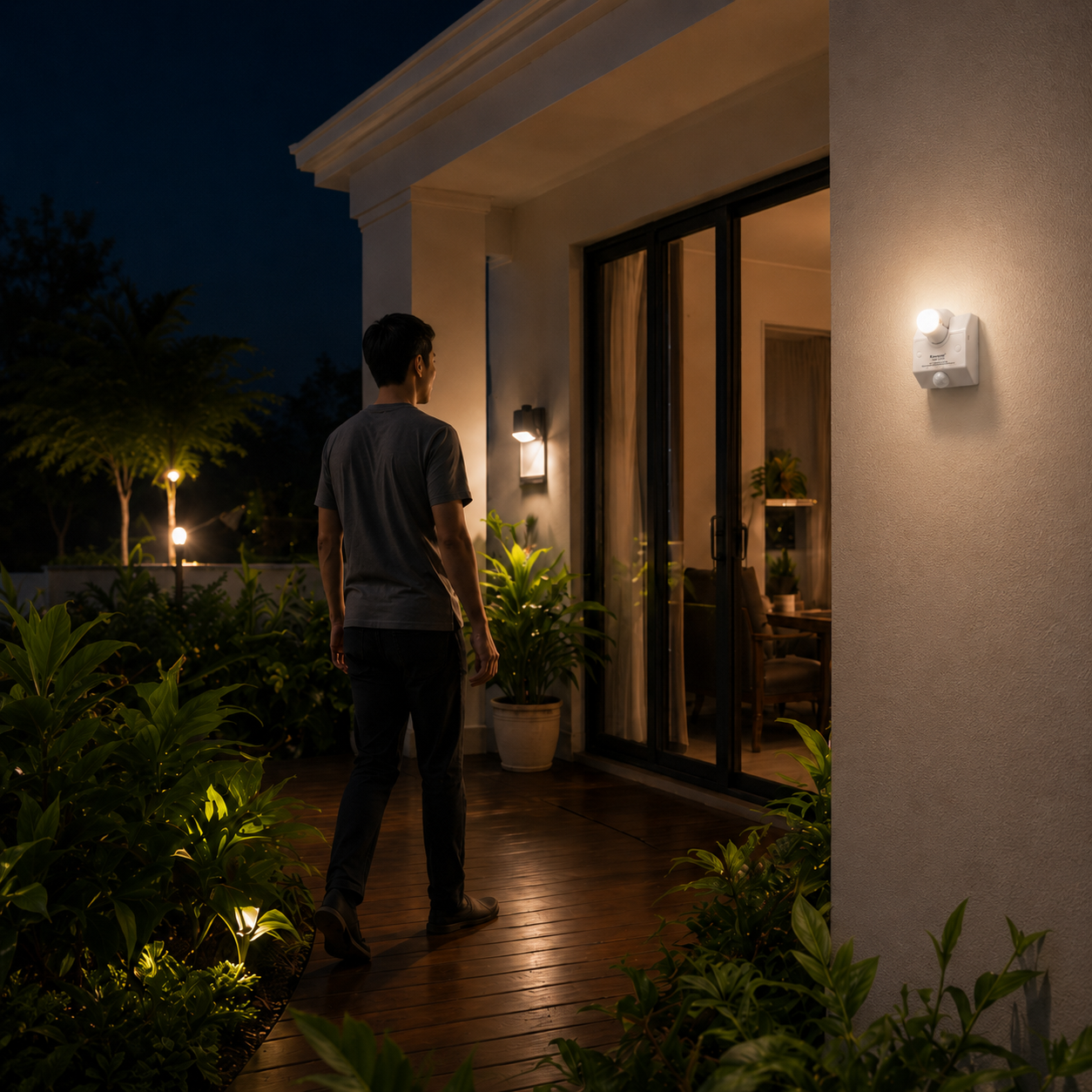 Đui đèn cảm ứng kawasan SS682B gắn tại ban công có mái che giúp chiếu sáng lối đi an toàn ban đêm