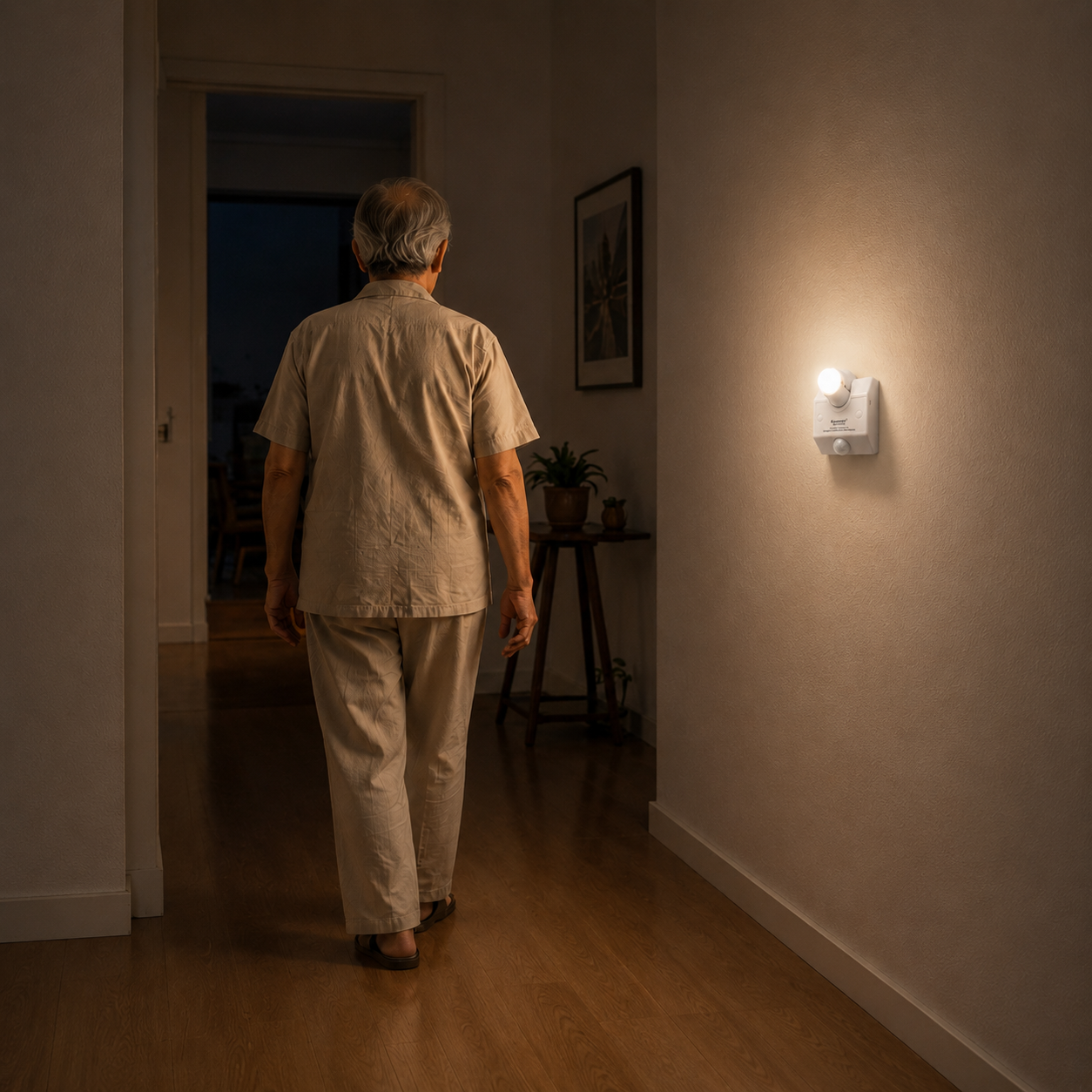 Đèn tự động bật sáng giúp người lớn tuổi di chuyển an toàn ngoài hành lang