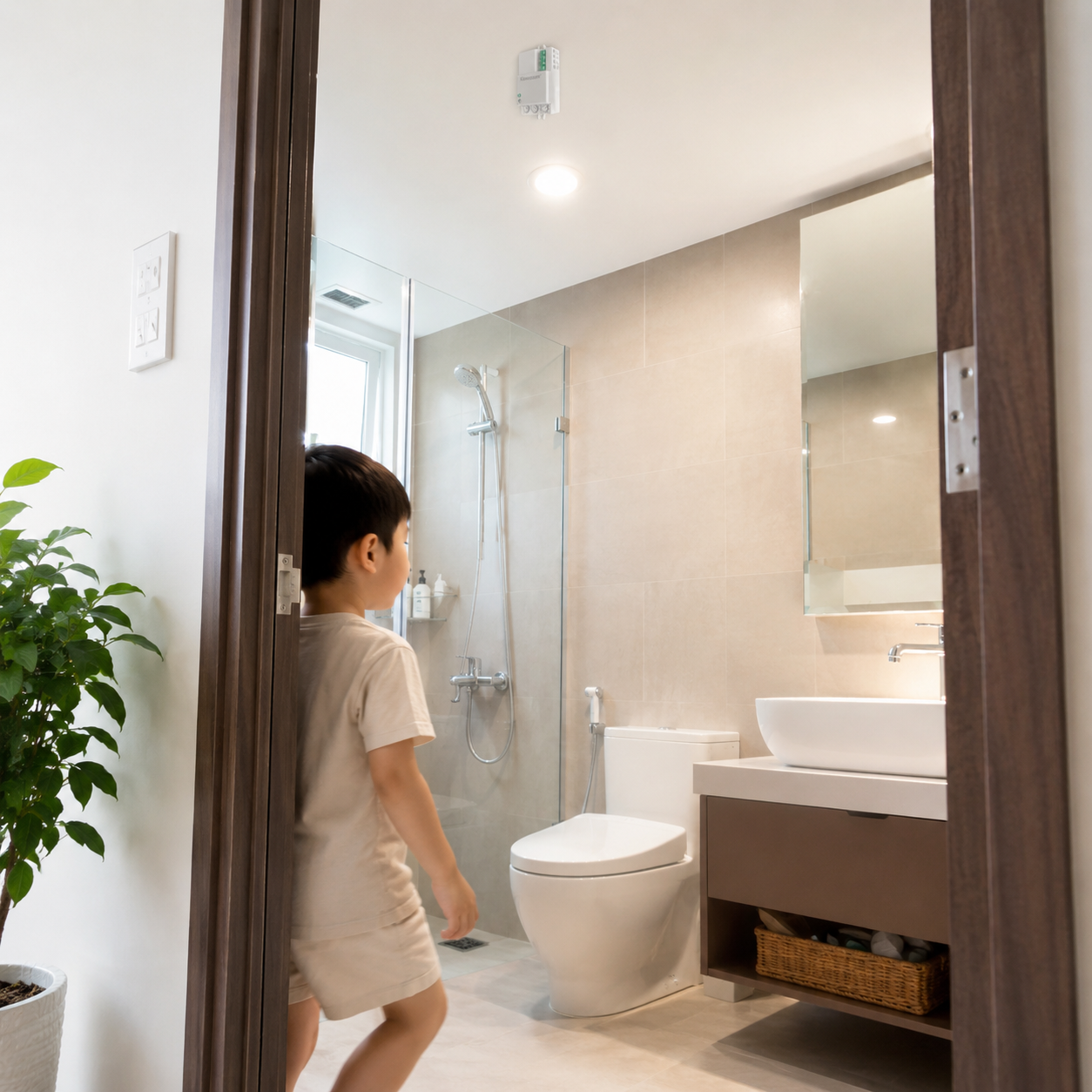 Công tắc cảm biến vi sóng Kawasan RS02D tự động bật tắt đèn nhà vệ sinh gia đình.