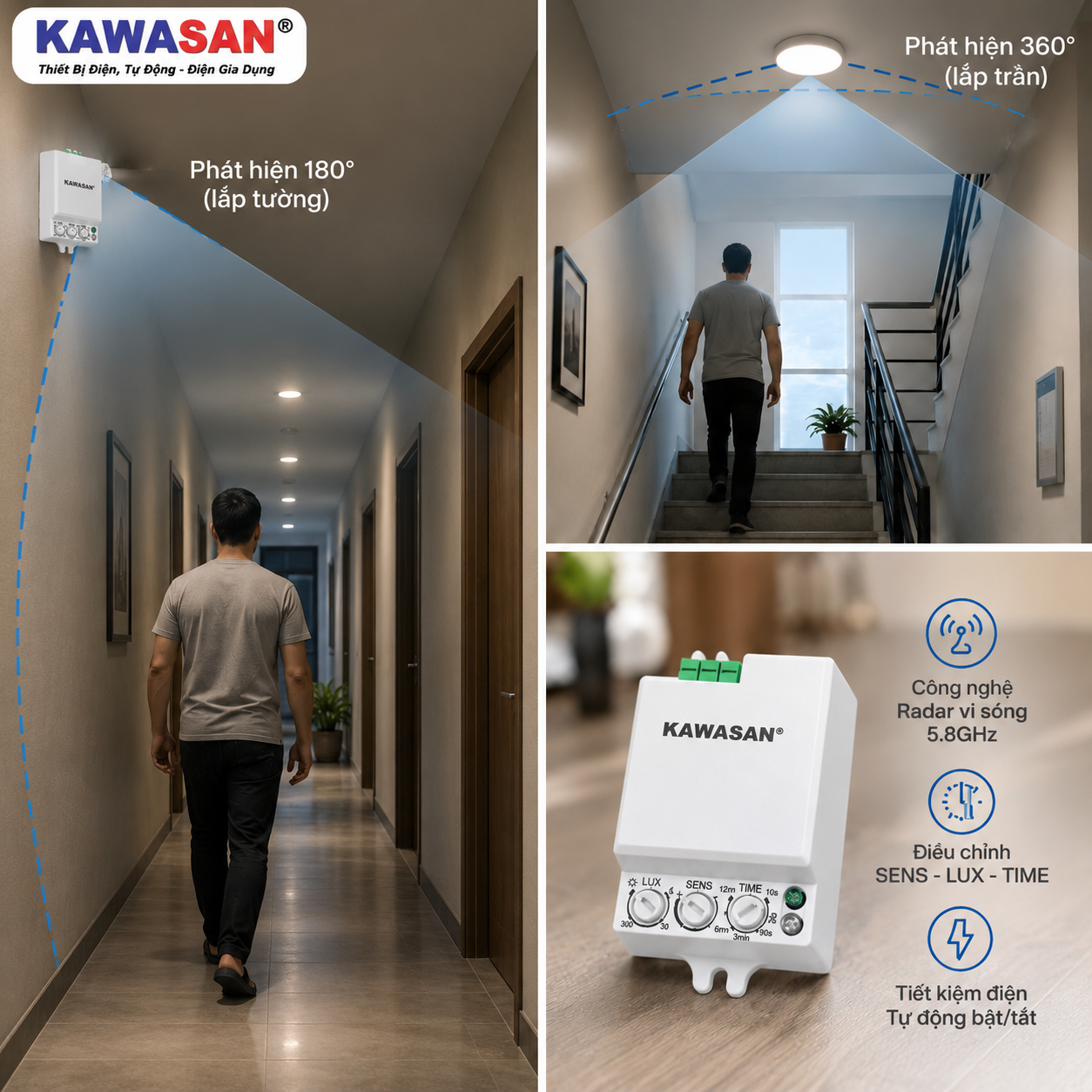 Lắp tại hành lang, cầu thang tự động bật đèn khi phát hiện chuyển động