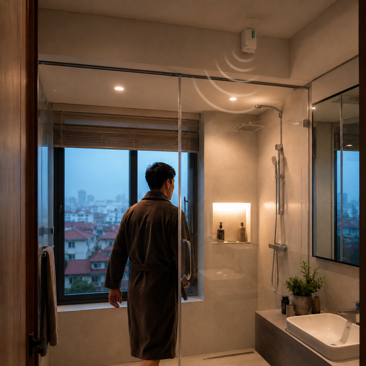 Nhận diện chuyển động xuyên vách kính phòng tắm hiện đại
